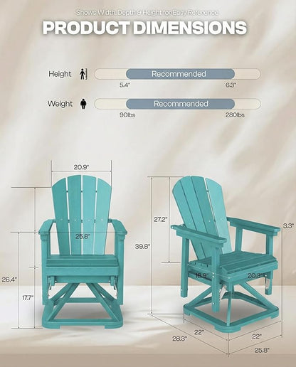 HDPE Swivel Glider Chair Outdoor, Weather Resistant Adirondack Outside Rocking Chair, Wooden Textured Outdoor Swivel Chair Set of 4 for Porch, Balcony, Poolside, Backyard (Aruba Blue)