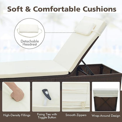 Tangkula Patio Chaise Lounge, Outdoor Rattan Lounge Chair w/ 6-Level Backrest, Comfy Seat Cushion & Headrest, Sturdy Metal Frame, Outside Reclining Chair for Backyard, Poolside (1, Off White)