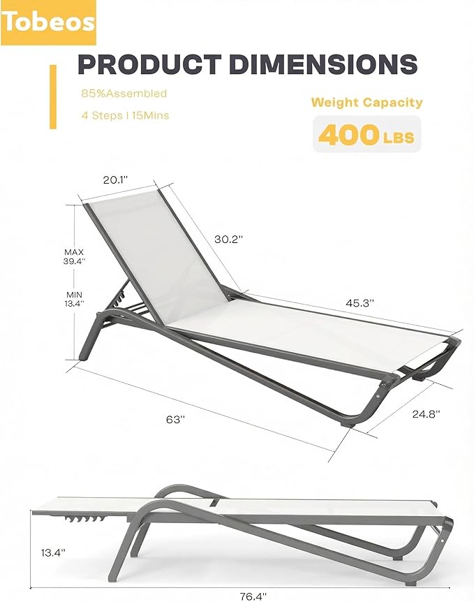 Outdoor Chaise Lounge Chair, 5-Position Adjustable Patio Lounge Chair with Ergonomic Aluminum Frame, Textilene Fabric Pool Loung Chairs for Poolside, Deck, Backyard (White)