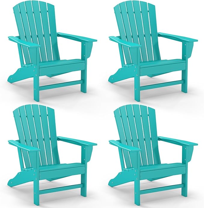 GREENVINES Adirondack Chairs Set of 4 | HDPE Plastic | Oversized Fire Pit Chair | All Weather | Aqua | Poly Lumber | for Outdoor Deck Backyard Patio Garden