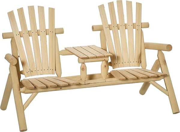 Outsunny 2-Seat Wooden Adirondack Chair, Patio Bench with Table, Outdoor Loveseat Fire Pit Chair for Porch, Backyard - Photo 1