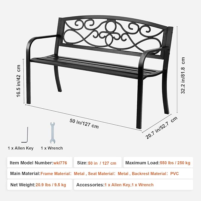 Happybuy 50-Inch Metal Outdoor Garden Bench, 550 lbs Load Capacity, Patio Bench with Backrest & Armrests, Durable Bench for Park, Yard, Garden, Porch