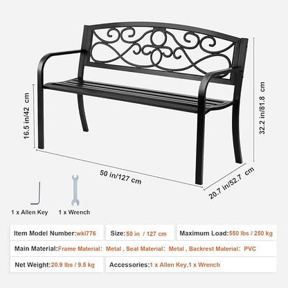 Happybuy 50-Inch Metal Outdoor Garden Bench, 550 lbs Load Capacity, Patio Bench with Backrest & Armrests, Durable Bench for Park, Yard, Garden, Porch
