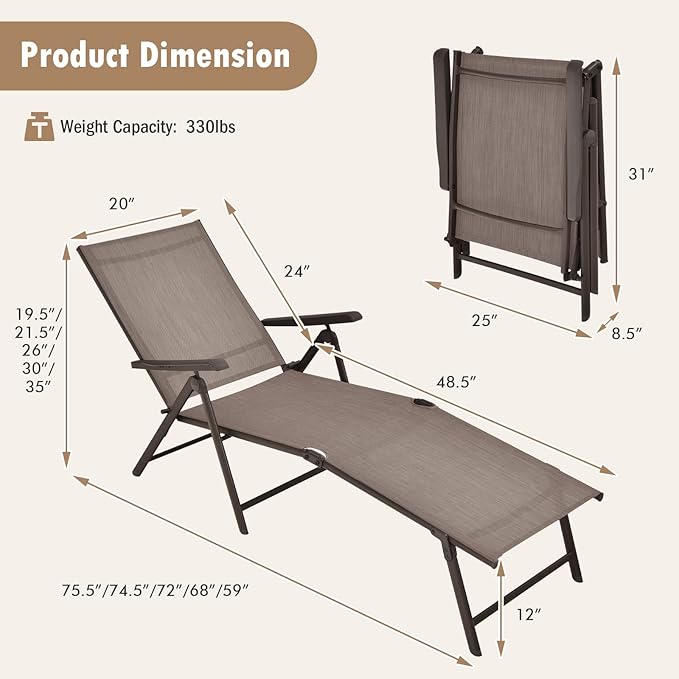 Tangkula Folding Lounge Chair Outdoor, Recliner Chaise Lounge with 5-Position Adjustable Backrest & 2-Position Footrest, No Assembly Required, Suitable for Patio Poolside Beach Yard (1, Brown)