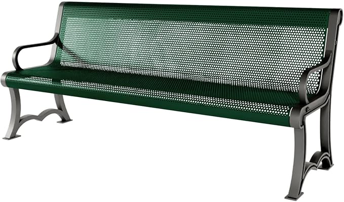 COATEDOUTDOORFURNITURE Coated Outdoor Furniture Heavy-Duty Outdoor Bench Thermoplastic Coated, Punched Steel, Commercial-Grade Garden Bench, Made in America (Portable with Back, 6 Ft, Green)
