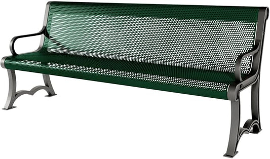 COATEDOUTDOORFURNITURE Coated Outdoor Furniture Heavy-Duty Outdoor Bench Thermoplastic Coated, Punched Steel, Commercial-Grade Garden Bench, Made in America (Portable with Back, 6 Ft, Green)