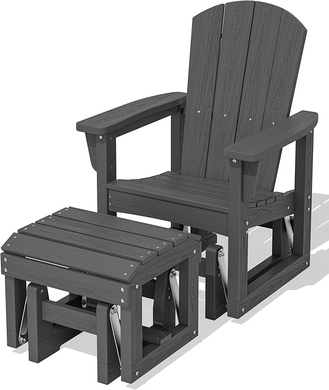 SERWALL Outdoor Glider Chair with Ottoman, HDPE Wood-Like Patio Glider Set All-Weather Porch Glider for Outside, Gray - Photo 1