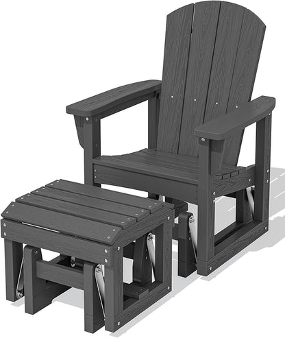 SERWALL Outdoor Glider Chair with Ottoman, HDPE Wood-Like Patio Glider Set All-Weather Porch Glider for Outside, Gray