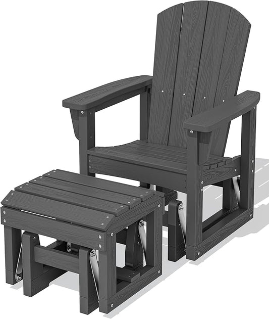 SERWALL Outdoor Glider Chair with Ottoman, HDPE Wood-Like Patio Glider Set All-Weather Porch Glider for Outside, Gray