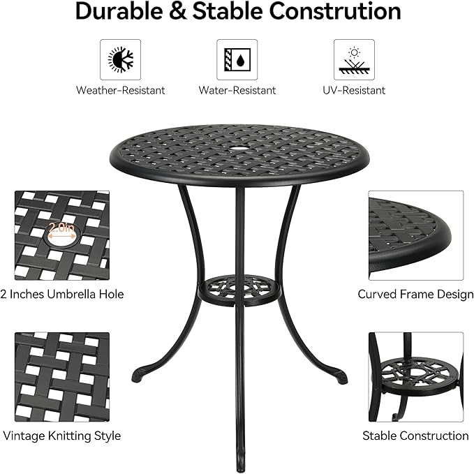 24"Patio Bistro Table Round Outdoor Coffee Table, Small Patio Side Table with 2" Umbrella Hole, Sturdy Iron Frame - Photo 4