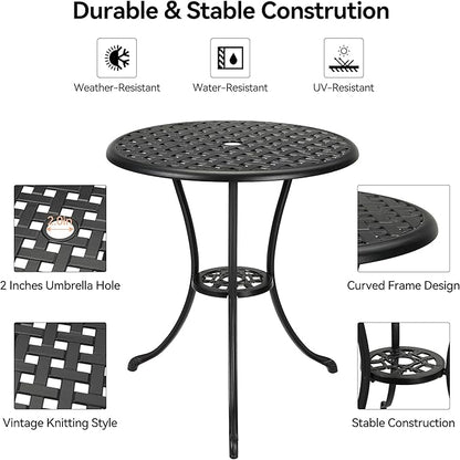 IDEALHOUSE 24-Inch Outdoor Patio Bistro Round CoffeeTable – Cast Aluminum Coffee & Dining Table with 2 Inch Umbrella Hole, Sturdy Iron Frame, Perfect for Balcony, Backyard, Lawn & Garden, Black