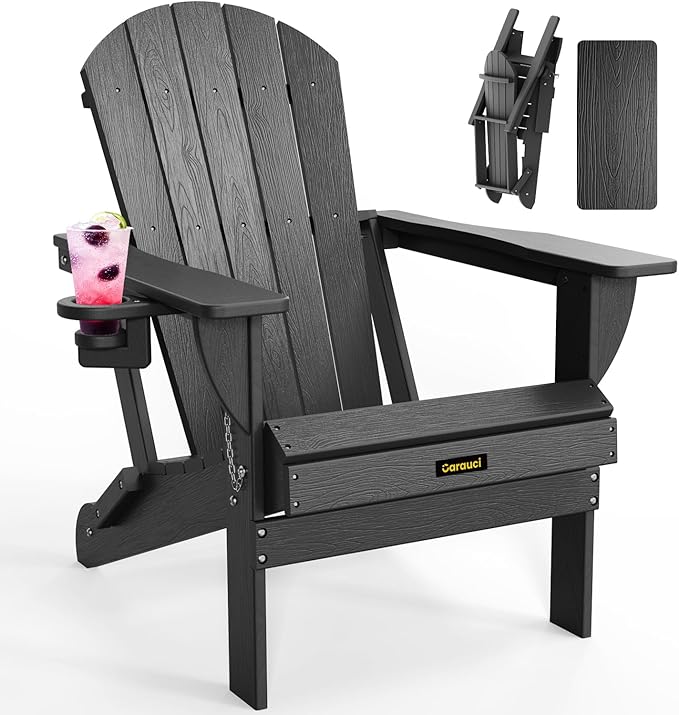 Carauci Plastic HDPE Adirondack Chair, Folding Adirondack Chair Weather Resistant with Cup Holder, Wooden Textured Fire Pit Outdoor Chair for Garden, Porch, Lawn, Backyard, Supports 380LBS, Black