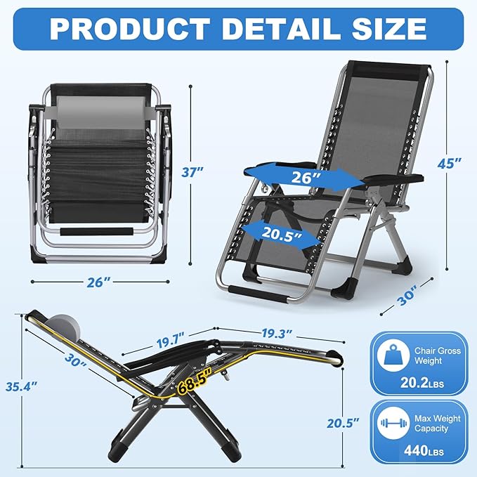 Slendor Zero Gravity Chair, Zero Gravity Lounge Chair with Upgraded Lock and Removable Cushion, Reclining Camping Chair with Cup Holder, Headrest for Indoor Outdoor, Gray