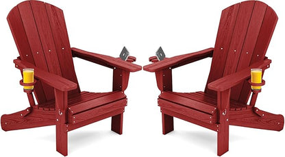 SERWALL Adirondack Chair with Cup Holders - Composite Adirondack Chairs Set of 2 HDPE Outdoor Chairs All Weather Use- Dark Red