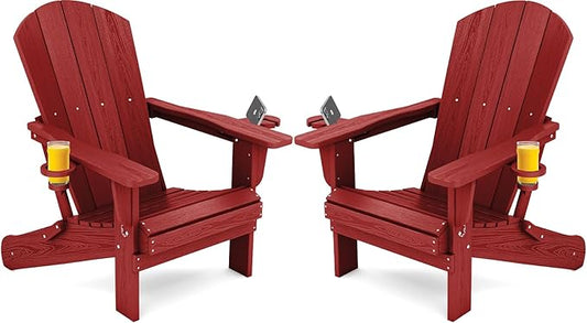 SERWALL Adirondack Chair with Cup Holders - Composite Adirondack Chairs Set of 2 HDPE Outdoor Chairs All Weather Use- Dark Red