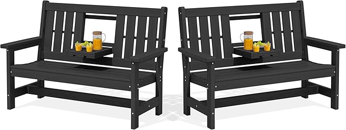 SERWALL Outdoor Bench with Cup Holder, 58" HDPE Garden Park Bench Suitable for 3 Person, All Weather Patio Benches with High Backrest and Wide Armrests for Garden, Park, Yard, Front Porch, Black