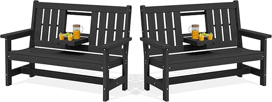 SERWALL Outdoor Bench with Cup Holder, 58" HDPE Garden Park Bench Suitable for 3 Person, All Weather Patio Benches with High Backrest and Wide Armrests for Garden, Park, Yard, Front Porch, Black
