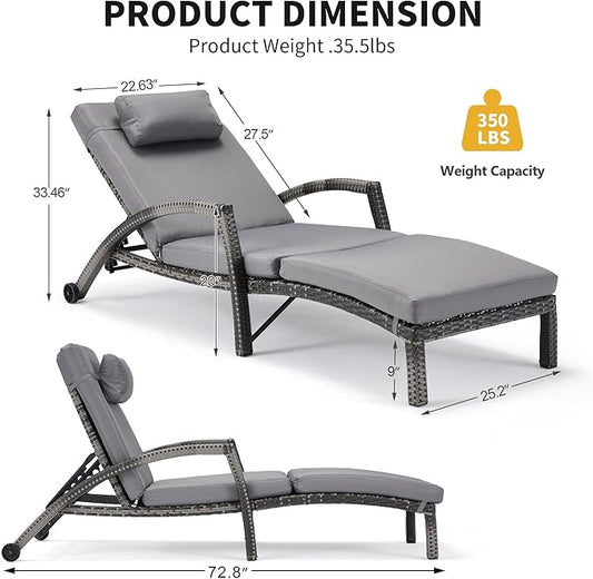 HOMREST Chaise Lounge Chairs Set of 2, PE Rattan Wicker Patio Lounge Chair with Adjustable 5 Position, Arm and Wheels for Poolside Backyard Deck Porch,Grey