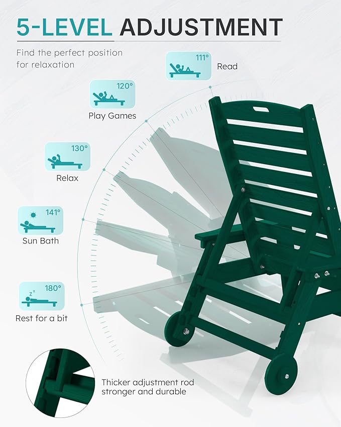 Chaise Lounge Chair Outdoor with Wheels, Oversize Patio Lounge Chairs with Wood Texture, 5-Position Plastic Lounge Chairs Set of 4-Green(Separate Delivery)