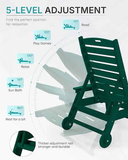 Chaise Lounge Chair Outdoor with Wheels, Oversize Patio Lounge Chairs with Wood Texture, 5-Position Plastic Lounge Chairs for Poolside, Patio, Deck, Beach(Green)