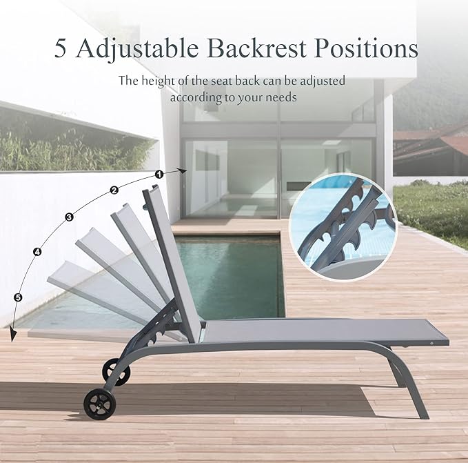 Domi Chaise Lounge Outdoor Set of 3, Lounge Chairs for Outside with Wheels, Outdoor Chaise Lounge with 5 Adjustable Position, Pool Lounge Chairs for Patio, Beach, Yard, Deck, Poolside, Grey