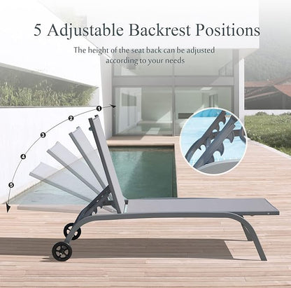Domi Chaise Lounge Outdoor Set of 2, Lounge Chairs for Outside with Wheels, Outdoor Chaise Lounge with 5 Adjustable Position, Pool Lounge Chairs for Patio, Beach, Yard, Deck, Poolside, Grey