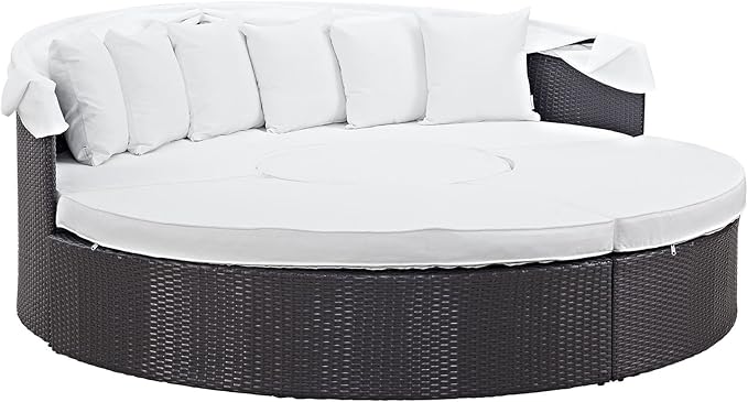 Modway Convene Wicker Rattan Outdoor Patio Retractable Canopy Round Poolside Sectional Sofa Daybed with Cushions in Espresso White