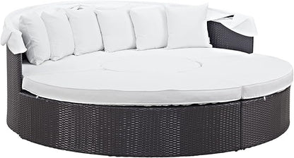 Modway Convene Wicker Rattan Outdoor Patio Retractable Canopy Round Poolside Sectional Sofa Daybed with Cushions in Espresso White