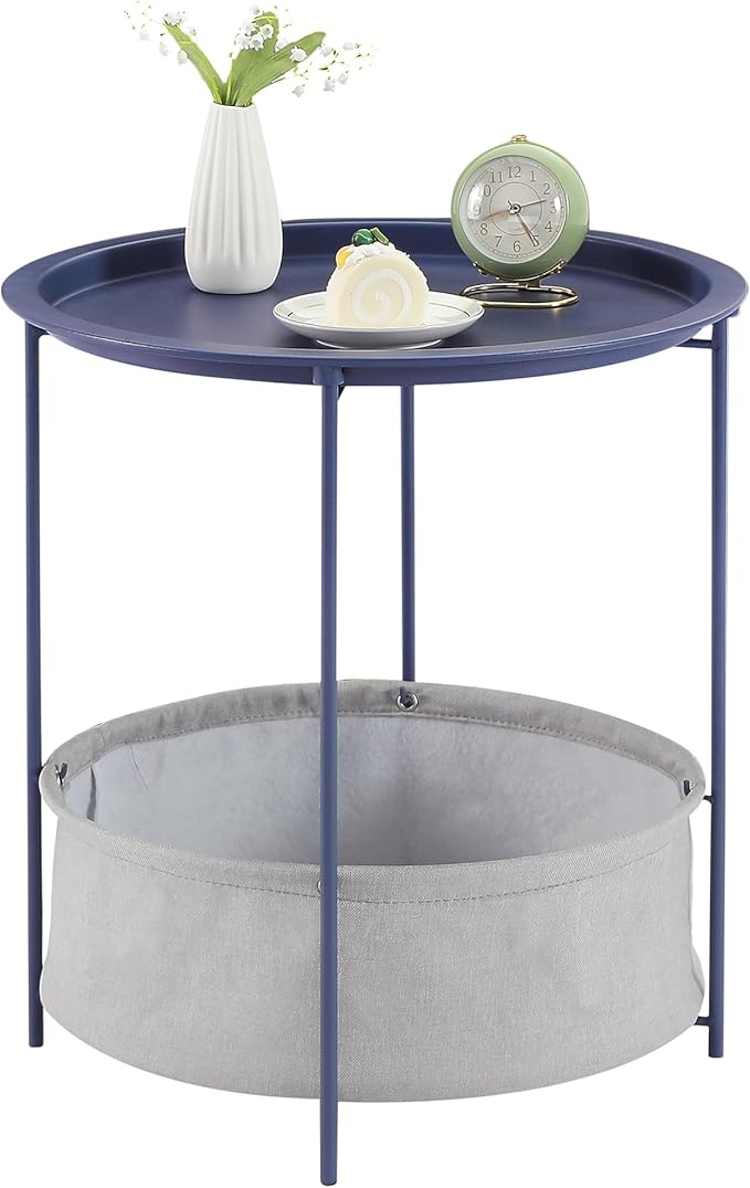 VECELO Round Side/End Table with Fabric Storage Basket，Metal Anti-Rust and Waterproof Small Bedside Nightstand with - Photo 1