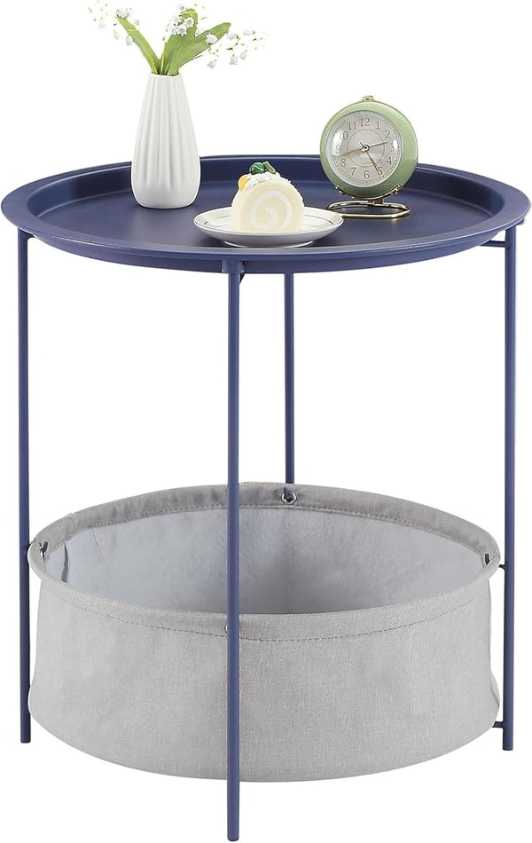 VECELO Round Side/End Table with Fabric Storage Basket，Metal Anti-Rust and Waterproof Small Bedside Nightstand with - Photo 1