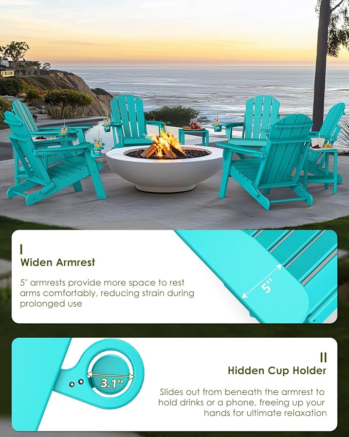 GREENVINES Folding-Adirondack-Chairs-Set-of-2 | HDPE Plastic | Fire Pit Chair | All Weather | Cup Holder | Aqua - Photo 5