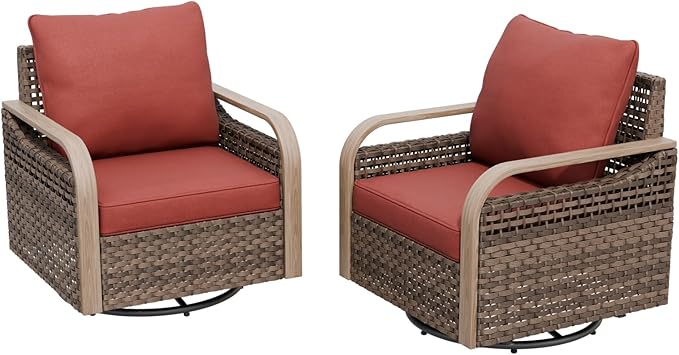 Modern Wicker Outdoor Swivel Rocking Chairs, Rattan Glider Rocker Chairs Patio Furniture for Backyard, Deck, Porch, Garden, 2 Pieces, Brown/Red
