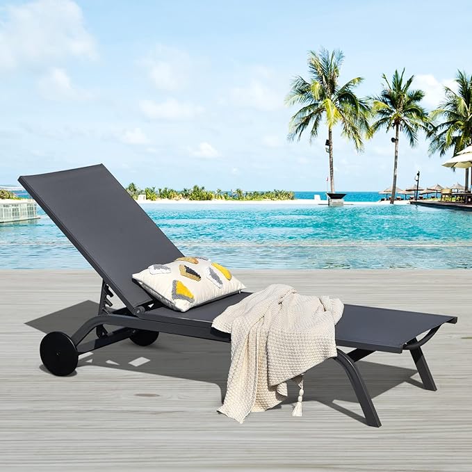 Giantex Patio Chaise Lounges Aluminum Recliner W/Adjustable 6 Backrest Positions and Wheels for Patio Beach Poolside Deck Chair Lounge Chair (1, Grey)