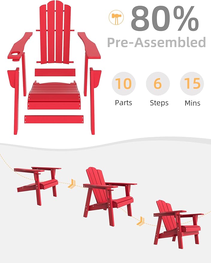 Adirondack Chair - Durable HDPE Poly Lumber All-Weather Resistant, Oversized Balcony Porch Patio Outdoor Chair for Lawn, Backyard, Deck, Garden, Camping - Easy Installation, Red