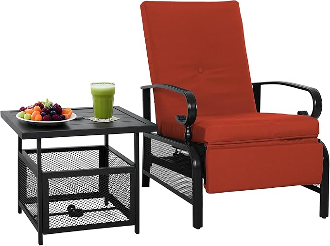 Incbruce 2 Pieces Outdoor Lounge Recliner Set, Adjustable Metal Recliner Sofa Chair and Umbrella Stand Side Square Table Suitable for Garden, Pool, Yard (Red)