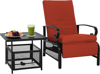 Incbruce 2 Pieces Outdoor Lounge Recliner Set, Adjustable Metal Recliner Sofa Chair and Umbrella Stand Side Square Table Suitable for Garden, Pool, Yard (Red)
