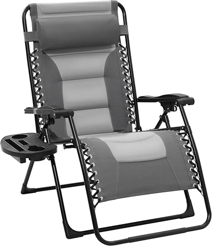 JEAREY Oversized Padded Zero Gravity Chairs, Folding Lounge Chair Outdoor Patio Recliner, Anti Gravity Chair for Backyard with Headrest, Cup Holder, Side Tray, Polyester Mesh - Gray/Light Gray