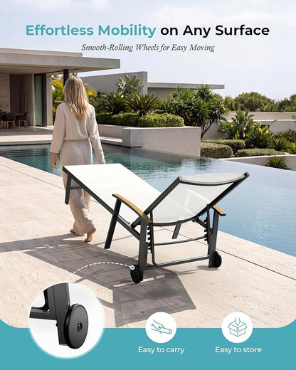 Ciokea Outdoor Lounge Chair with Pillow, 5-Position Aluminum Chaise Lounge with Wheels & Armrests, 400 lbs Heavy Duty Patio Pool Chair for Deck, Backyard, Beach & Poolside, White