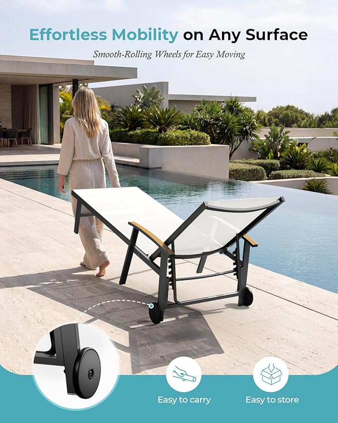 Ciokea Outdoor Lounge Chair with Pillow Set of 2, 5-Position Aluminum Chaise Lounge with Wheels & Armrests - Photo 6