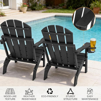 Folding Adirondack Chairs Set of 4, All Weather Stable Gun-Leg Design Fire Pit Chairs with Cupholder for Outside