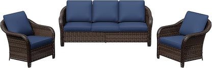 3 Pieces Outdoor Patio Conversation Set, 78" Couch, 2 Chairs, Rattan Wicker Conversation Furniture with Removable Cushions for Bistro, Deck (Navy Blue)