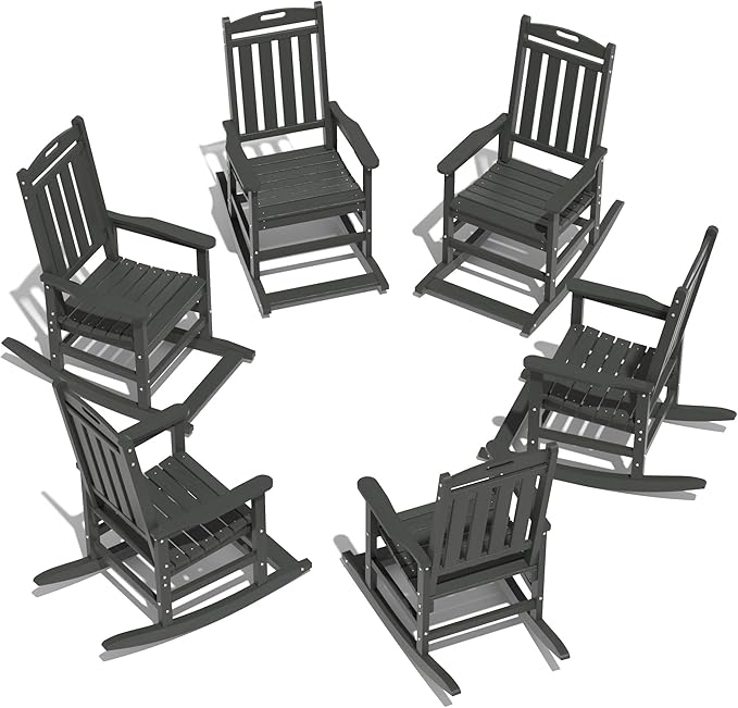 LOUNZY Outdoor Rocking Chair with Footboards Set of 6, HDPE Rocking Chair Patio Porch Rocker with 380lbs Support for Adult, Grey