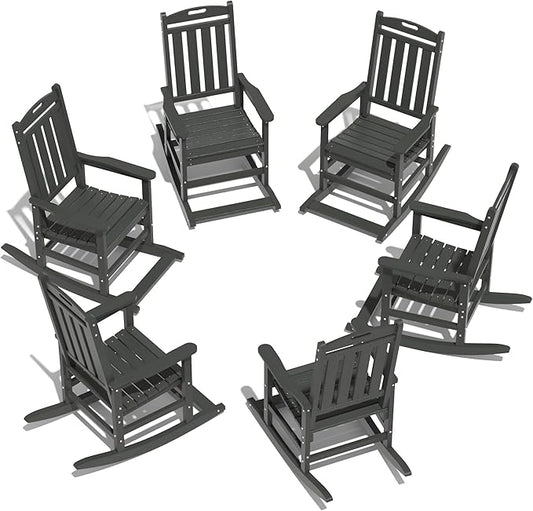 LOUNZY Outdoor Rocking Chair with Footboards Set of 6, HDPE Rocking Chair Patio Porch Rocker with 380lbs Support for Adult, Grey