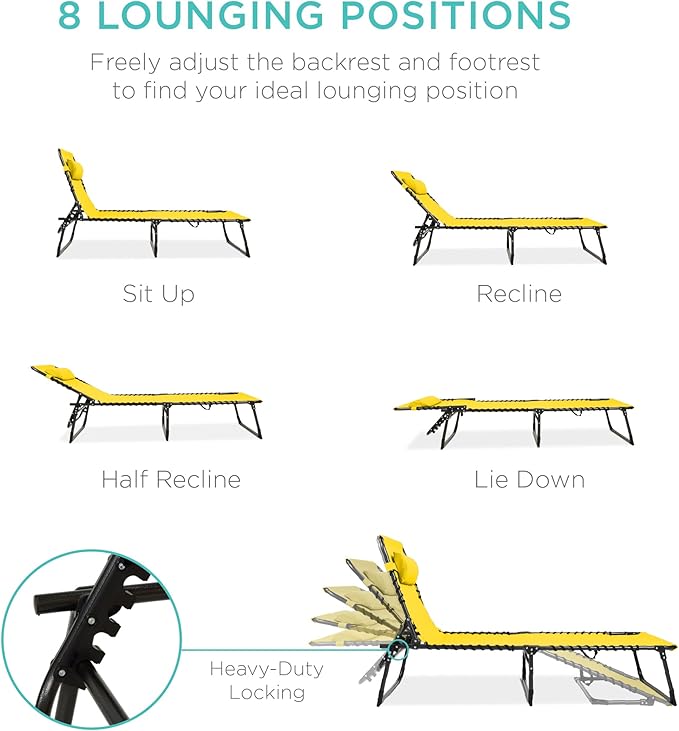 Best Choice Products Patio Chaise Lounge Chair, Portable Outdoor Folding Recliner for Lawn, w/ 8 Positions, Handles, 300lb Capacity - Yellow