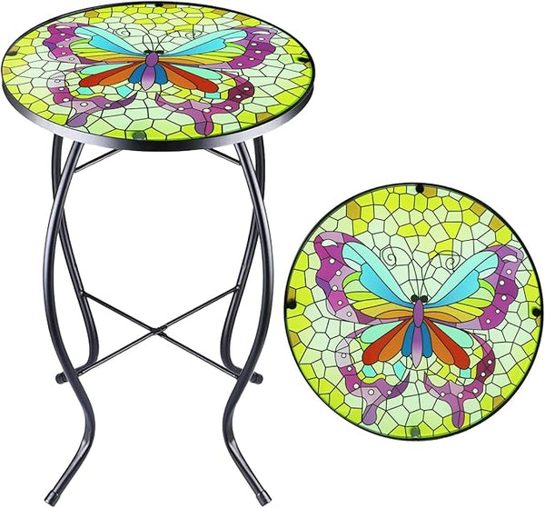 12 Inch Small Outdoor Side Table with Colorful Butterfly, Glass Mosaic Patio Table Indoor - Photo 1