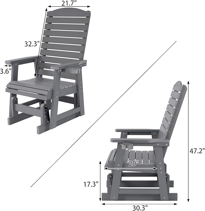 Poly Lumber Patio Glider for One Person, with Cup Holders, High Backrest and Deep Contoured Seat, HIPS Material - Photo 3