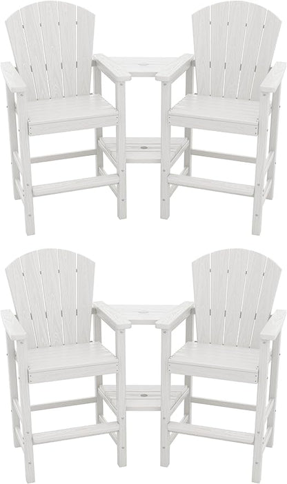 SERWALL Tall Adirondack Chairs Set of 4 with Double Layer Connecting Tray, HDPE Bar Height Outdoor Chairs, Wood-Like Adirondack Bar Stools for Patio, Balcony, Porch, White