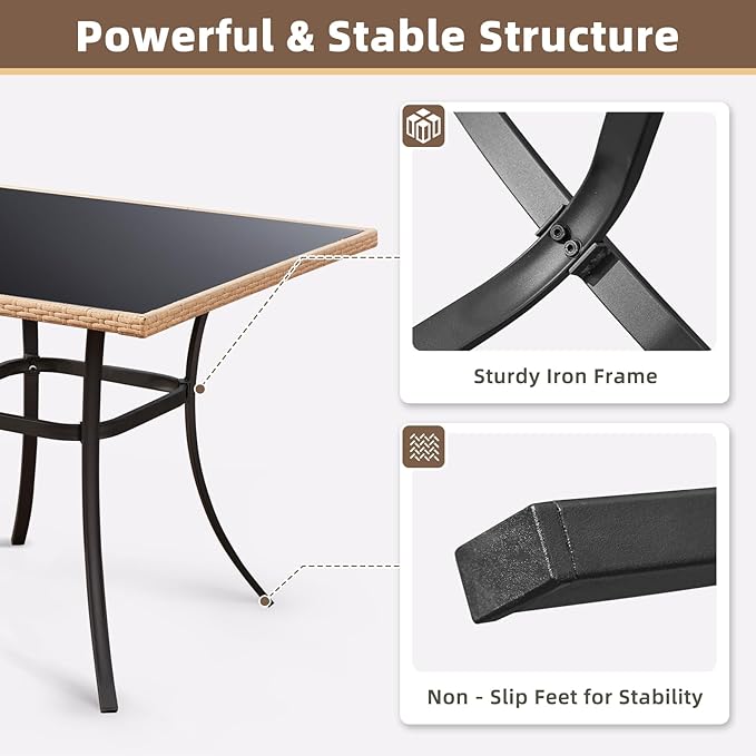 ECOTOUGE 35.2" Square Patio Table, Outdoor Wicker Dining Desk with Tempered Glass Top for 4-5 Persons - Photo 5