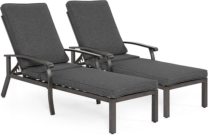 HOMEFUN Chaise Lounge Chair Set of 2, Hand-Finished Wood Grain Cast Aluminum Reclining Loungers with Cushions - Photo 1