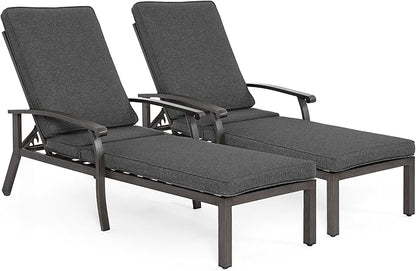 HOMEFUN Chaise Lounge Chair Set of 2, Hand-Finished Wood Grain Cast Aluminum Reclining Loungers with Cushions, 5-Position Adjustable Backrest, Waterproof Seats, Wheels for Patio & Poolside, Grey